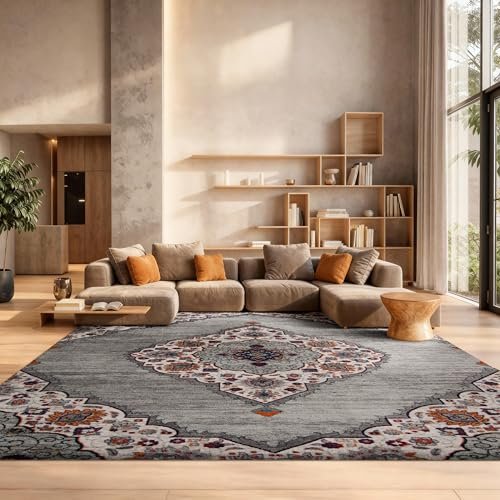 SAFAVIEH Area Rug 8x10 - Madison Collection - Large - Light Grey & Fuchsia, Boho Chic Medallion Design, Non-Shedding & Easy Cleaning, Ideal for Living Room, Bedroom, Office, Dining Space (MAD153R)
