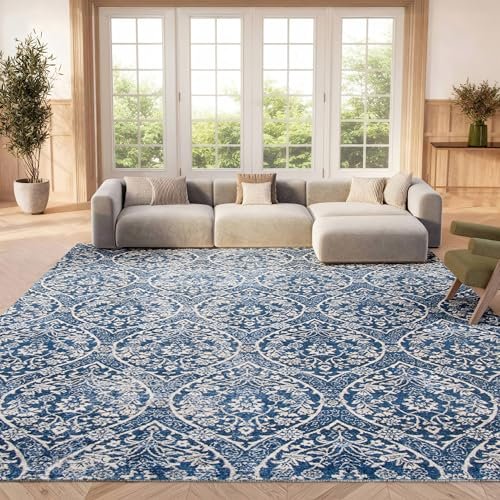 SAFAVIEH Area Rug 8x10 - Brentwood Collection - Large - Navy & Light Grey, Floral Damask Trellis Design, Non-Shedding & Easy Cleaning, Ideal for Living Room, Bedroom, Office, Dining Space (BNT860M)