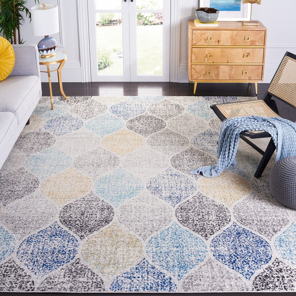SAFAVIEH Area Rug 8x10 - Madison Collection - Large - Ivory & Blue, Glam Ogee Trellis Distressed Design, Non-Shedding & Easy Cleaning, Ideal for Living Room, Bedroom, Office, Dining Space (MAD604D)