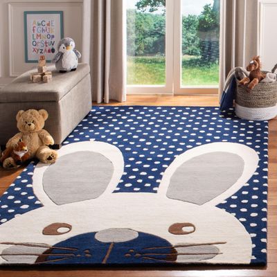 SAFAVIEH Kids Collection 5' x 8' Navy/Ivory SFK922N Handmade Polka Dot Bunny Wool Area Rug