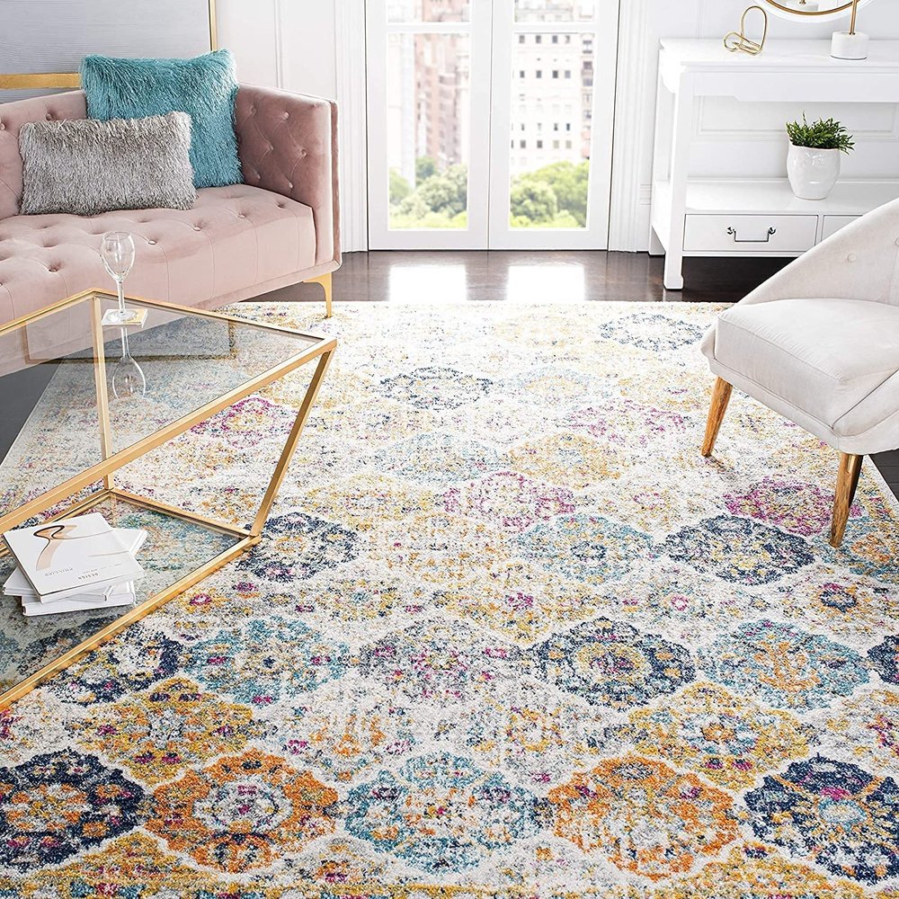 SAFAVIEH Madison Collection Area Rug - 11' Square, Cream & Multi, Boho Chic Distressed Design, Non-Shedding & Easy Care, Ideal for High Traffic Areas in Living Room, Bedroom (MAD611B)