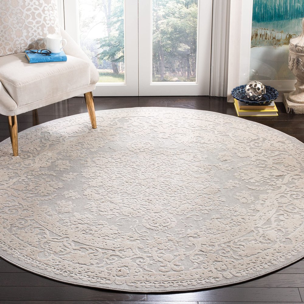 SAFAVIEH Area Rug 5' Round - Reflection Collection - Light Grey & Cream, Non-Shedding & Easy Cleaning, Ideal for Living Room, Bedroom (RFT664C)