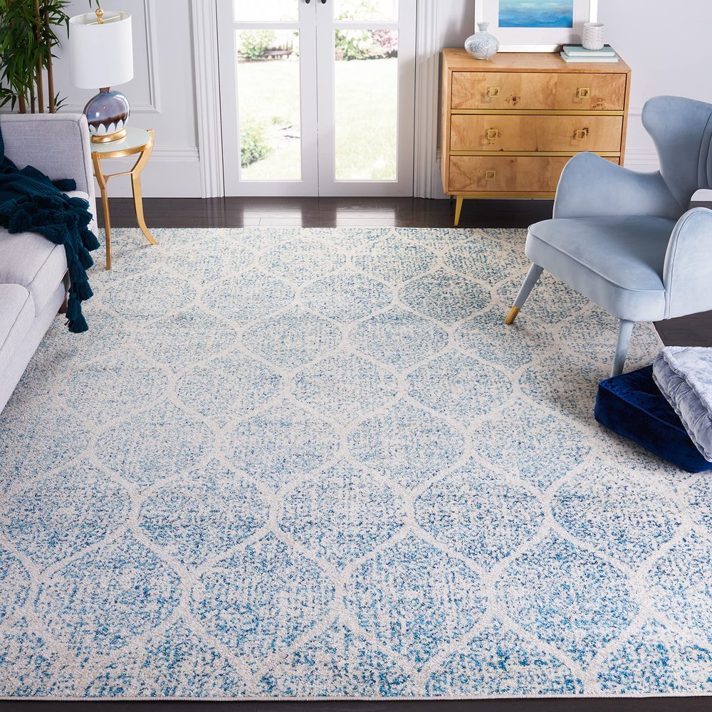 SAFAVIEH Area Rug 8x10 - Madison Collection - Large - Cream & Turquoise, Glam Ogee Trellis Distressed Design, Non-Shedding & Easy Cleaning, Ideal for Living Room, Bedroom, Dining Space (MAD604E)