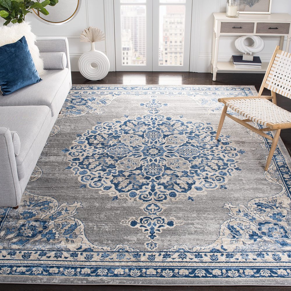SAFAVIEH Area Rug 8x10 - Brentwood Collection - Large - Light Grey & Blue, Medallion Distressed Design, Non-Shedding & Easy Cleaning, Ideal for Living Room, Bedroom, Office, Dining Space (BNT867G)