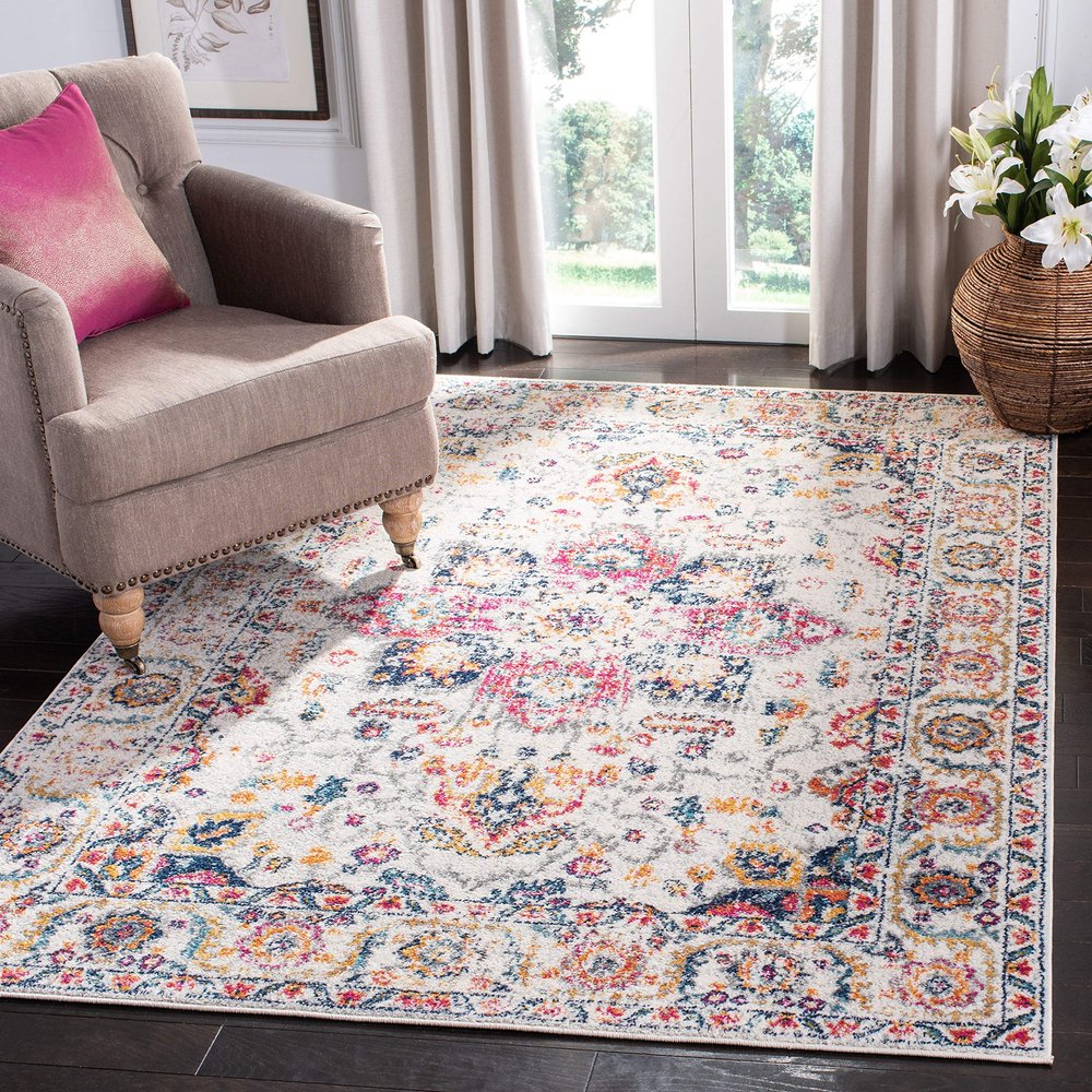SAFAVIEH Madison Collection Area Rug - 6'7" x 9'2", Purple Pink Fuchsia & Ivory, Boho Chic Distressed Design, Non-Shedding & Easy Cleaning, Ideal for Living Room, Bedroom, Dining Space (MAD603R)