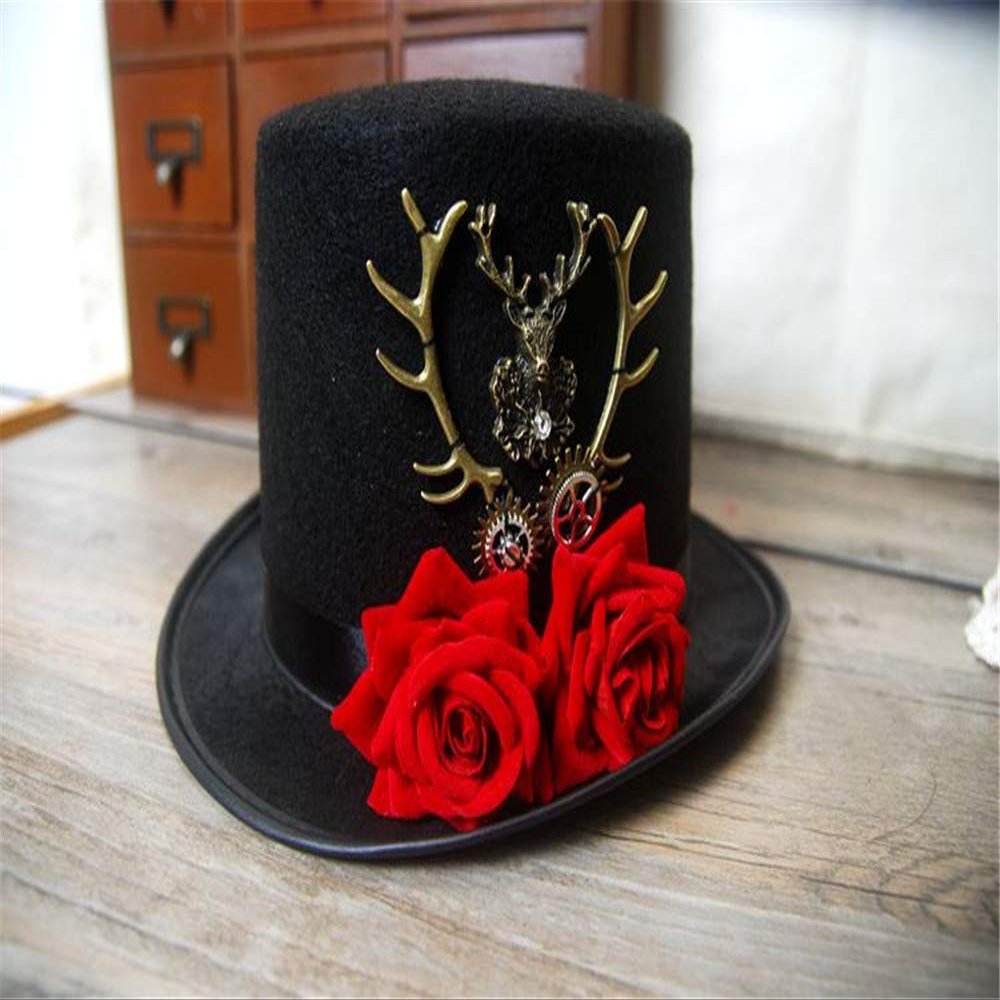 Retro Gothic Mini Top Hat Victorian Steampunk Lolita Fedoras Hairclip Deer Rose Decorate (B)