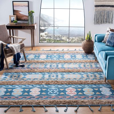 SAFAVIEH Saffron Collection 8' x 10' Blue / Taupe SFN107M Handmade Moroccan Boho Tassel Wool Area Rug