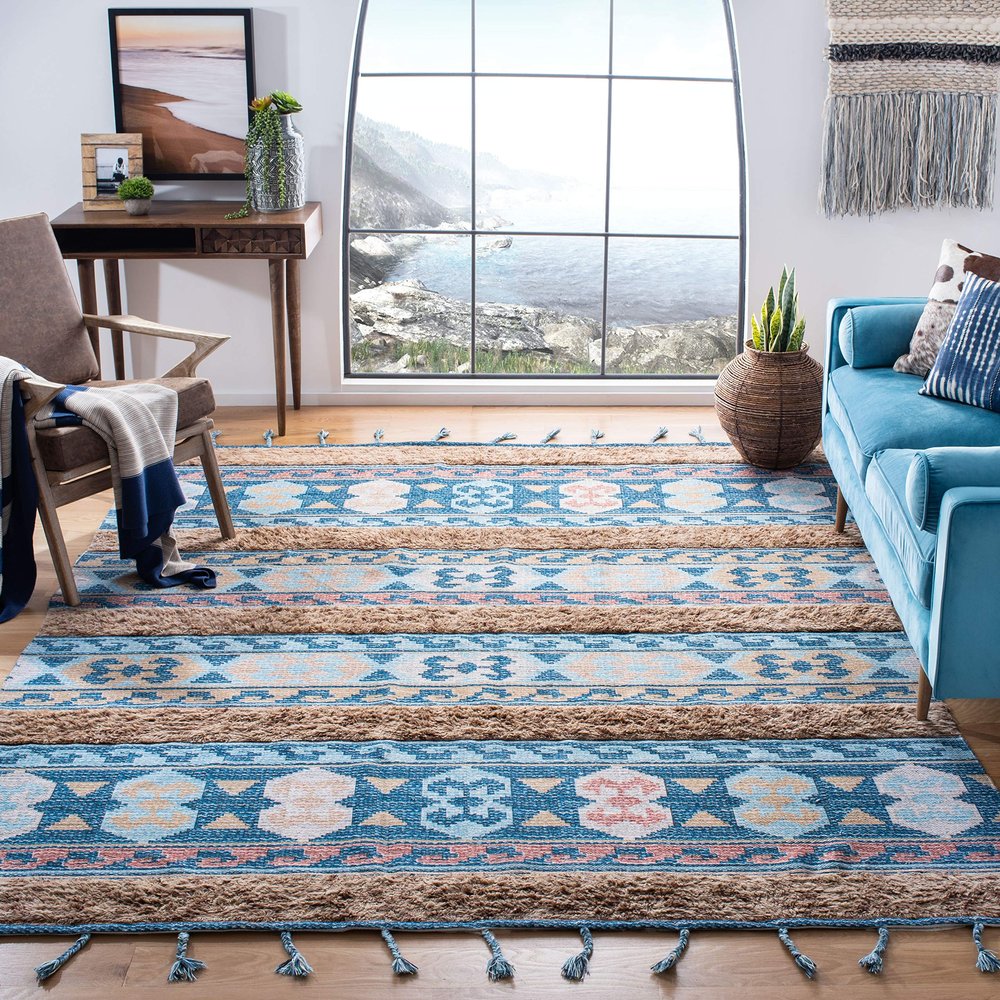 SAFAVIEH Saffron Collection 8' x 10' Blue / Taupe SFN107M Handmade Moroccan Boho Tassel Wool Area Rug