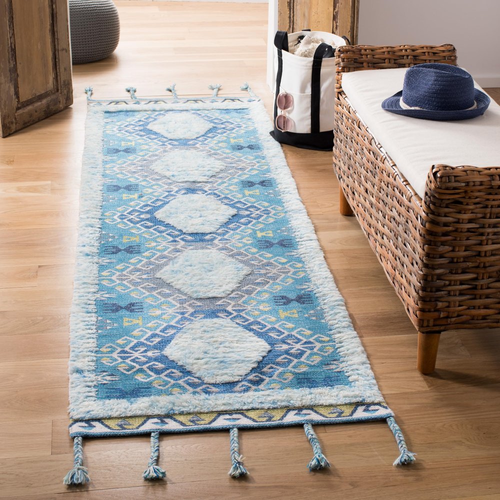 SAFAVIEH Saffron Collection 2'3" x 8' Turquoise / Blue SFN103K Handmade Moroccan Boho Tassel Wool Runner Rug