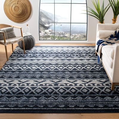 SAFAVIEH Adirondack Collection Area Rug - 6' Square, Ivory & Navy, Moroccan Boho Distressed Design, Non-Shedding & Easy Care, Ideal for High Traffic Areas in Living Room, Bedroom (ADR119M)