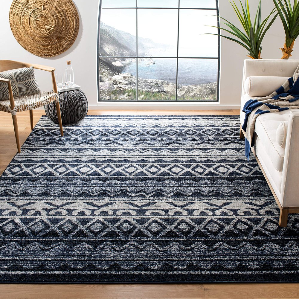 SAFAVIEH Adirondack Collection Area Rug - 6' Square, Ivory & Navy, Moroccan Boho Distressed Design, Non-Shedding & Easy Care, Ideal for High Traffic Areas in Living Room, Bedroom (ADR119M)