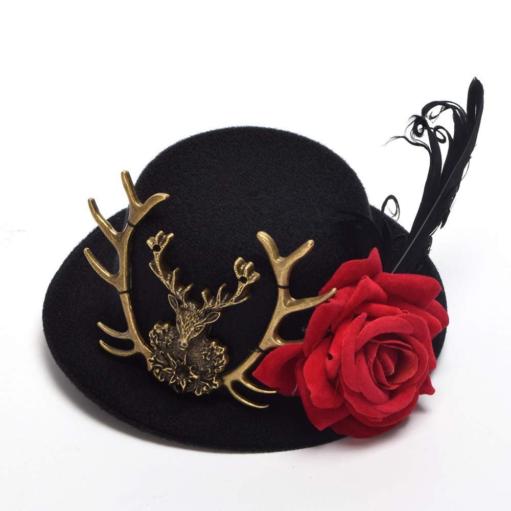 Retro Gothic Mini Top Hat Victorian Steampunk Lolita Fedoras Hairclip Deer Rose Decorate (A)