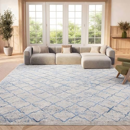 SAFAVIEH Area Rug 8x10 - Brentwood Collection - Large - Light Grey & Blue, Trellis Distressed Non-Shedding & Easy Cleaning, Ideal for Living Room, Bedroom, Office, Dining Space (BNT809G)