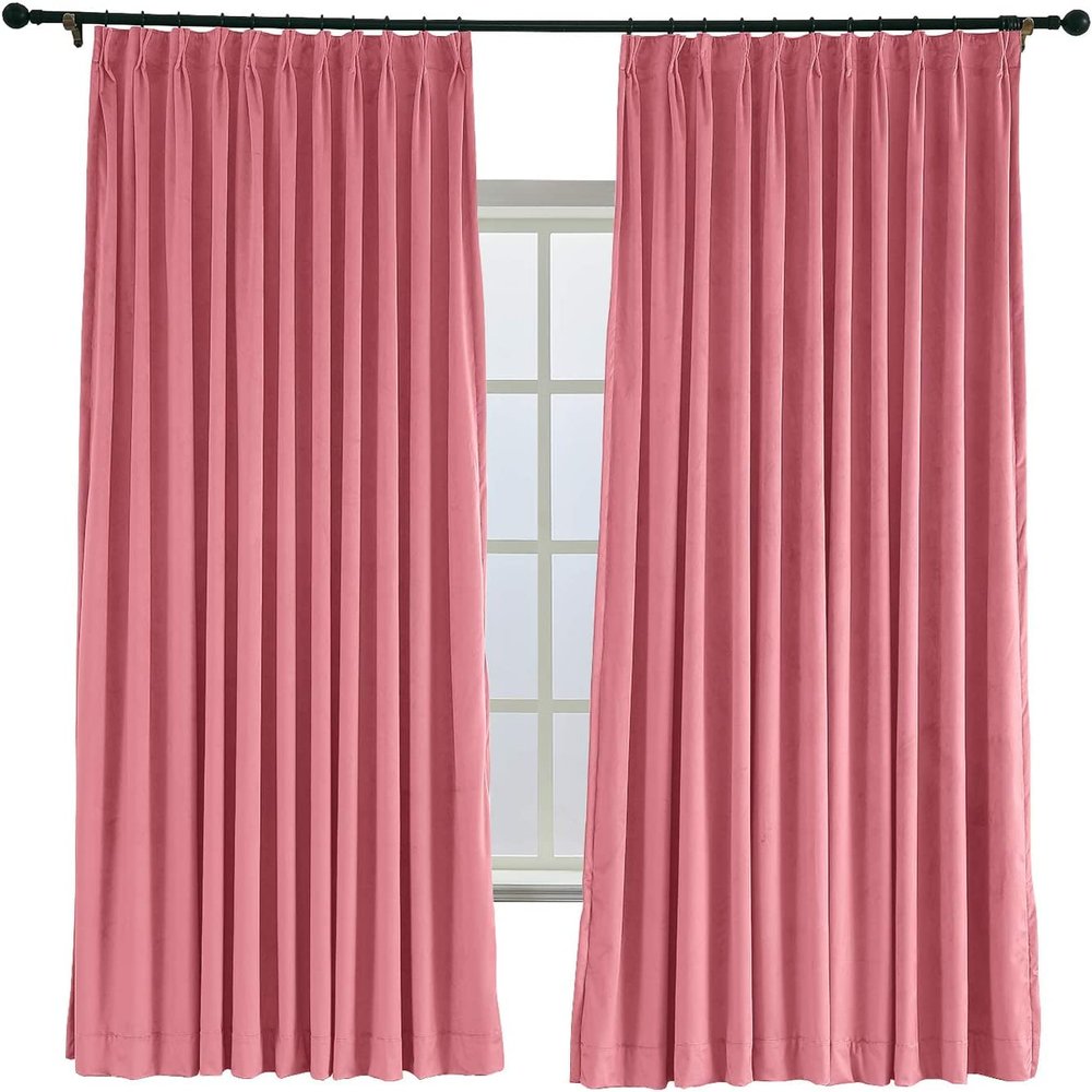 TWOPAGES 52 W x 102 L Pinch Pleat Curtain Room Darkening Velvet Curtain Drapery Panel for Traverse Rod or Track, Living Room Bedroom Meetingroom Club Theater Patio Door (1 Panel), Rose
