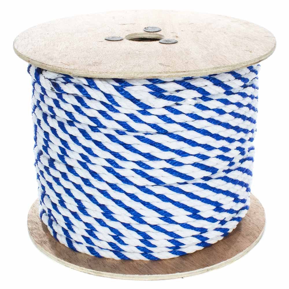 Paracord Planet Three Strand Twisted Polypropylene Rope Indoor and Outdoor Uses (1/2 Inch X 250 Feet, White/Blue)