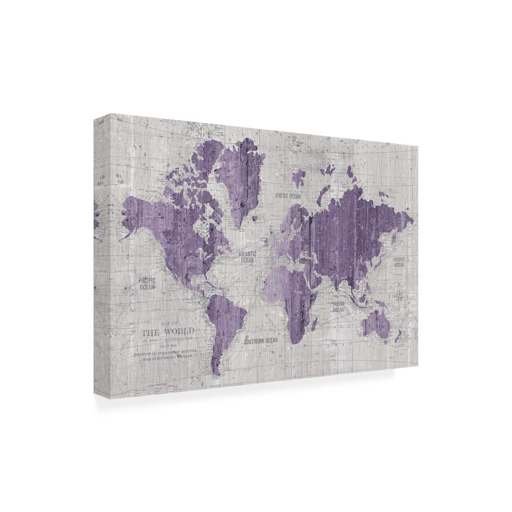 Wrapped Canvas Wall Art - Wild Apple Portfolio 'Old World Map Purple Gray' Wall Art for Living Room, Bedroom, or Office Dcor - 16x24