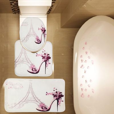 Amagical Paris Eiffel Tower Decor 3 Piece Bathroom Mat Rug Set High Heeled Shoes and Pink Flower in Paris Pattern Bath Mat + Contour Mat + Toilet Cover