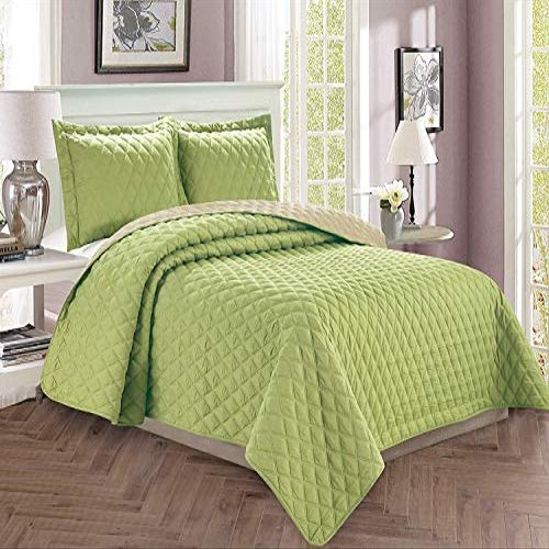 Celine Linen Luxury 3-Piece Bedspread Coverlet Diamond Design Quilted Set with Shams - All Season Heavy Weight- - Wrinkle & Fade Resistant- Full/Queen, Sage/Cream