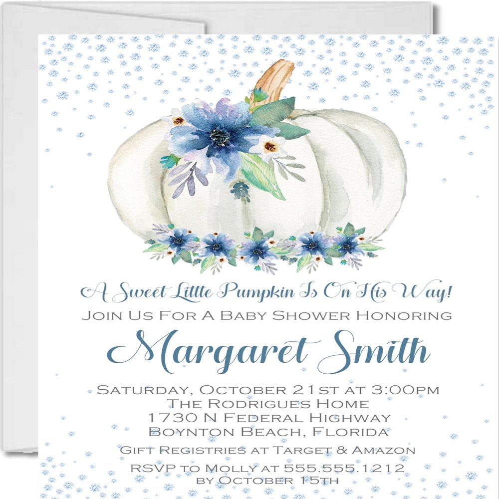 Boys Blue Fall Pumpkin Baby Shower Invitations With Envelopes, Pumpkin Baby Shower Invitations For Boys (Blue Pumpkin 6)