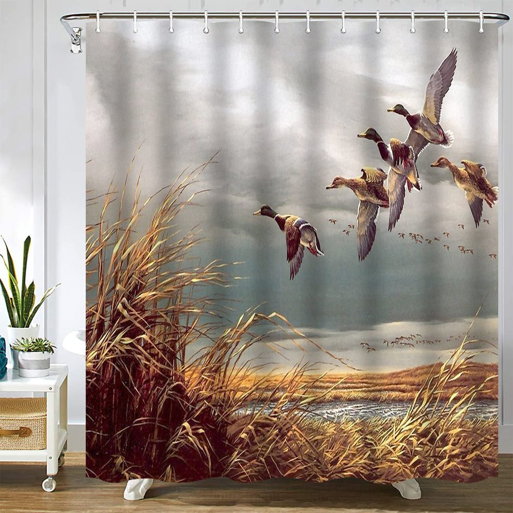 Abaysto Hunting Flying Wild Ducks Shower Curtain, Nature Reed Marsh Camo Shower Curtains Waterproof Bathroom Decor Sets with Hooks Polyester Fabric Hunting Shower Curtain 68x70 Inch