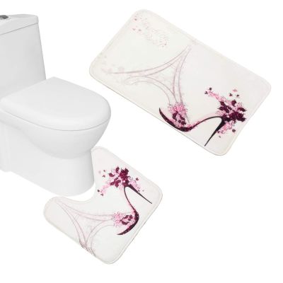 Amagical Paris Eiffel Tower Decor 2 Piece Bathroom Mat Rug Set High Heeled Shoes and Pink Flower in Paris Pattern Bath Mat + Contour Mat