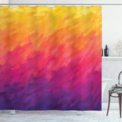 Ambesonne Abstract Shower Curtain, Watercolor Style Ombre Effect Hand Drawn Brush Strokes in Warm Tones, Cloth Fabric Bathroom Decor Set with Hooks, 69" W x 70" L, Purple Orange and Yellow
