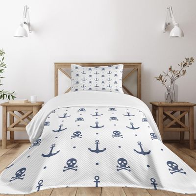Ambesonne Marine Bedspread Set, Anchors and Skulls Crossed Bones Dots Pirate Horror Fear Seaman Illustration Art, 3 Piece Decorative Bedding Coverlet and 2 Pillow Shams, Twin Size, Navy Blue
