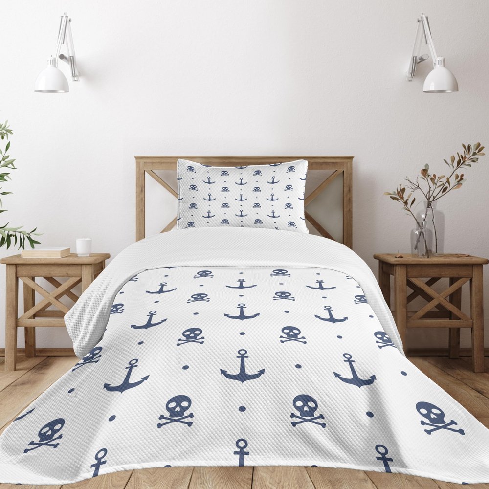 Ambesonne Marine Bedspread Set, Anchors and Skulls Crossed Bones Dots Pirate Horror Fear Seaman Illustration Art, 3 Piece Decorative Bedding Coverlet and 2 Pillow Shams, Twin Size, Navy Blue