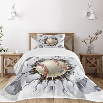 Ambesonne Sports Bedspread Set, Baseball and Old Plaster Concrete Wall Damage Illustration Competition, 3 Piece Decorative Bedding Coverlet and 2 Pillow Shams, Twin Size, Ivory Pale Grey Orange