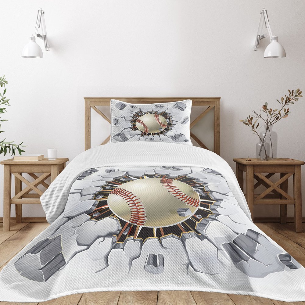 Ambesonne Sports Bedspread Set, Baseball and Old Plaster Concrete Wall Damage Illustration Competition, 3 Piece Decorative Bedding Coverlet and 2 Pillow Shams, Twin Size, Ivory Pale Grey Orange