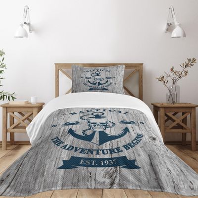 Ambesonne Anchor Bedspread Set, Art Skull Nautical The Adventure Begins Message Historic Marine Print, 3 Piece Decorative Bedding Coverlet and 2 Pillow Shams, Twin Size, Beige Navy Blue