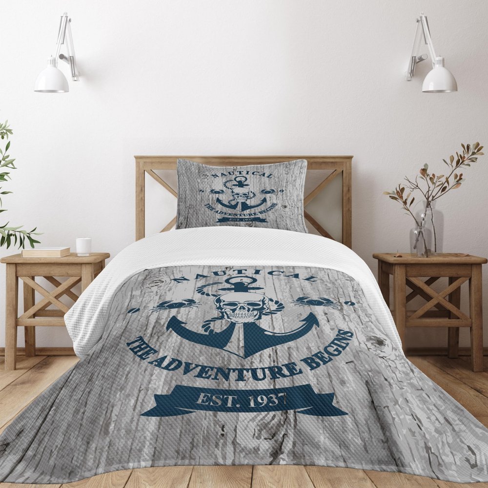 Ambesonne Anchor Bedspread Set, Art Skull Nautical The Adventure Begins Message Historic Marine Print, 3 Piece Decorative Bedding Coverlet and 2 Pillow Shams, Twin Size, Beige Navy Blue