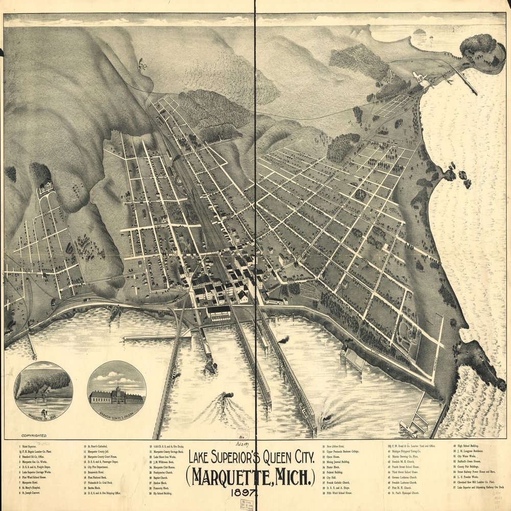 16" x 24" 1897 Map of Lake Superior's Queen City Marquette Michigan