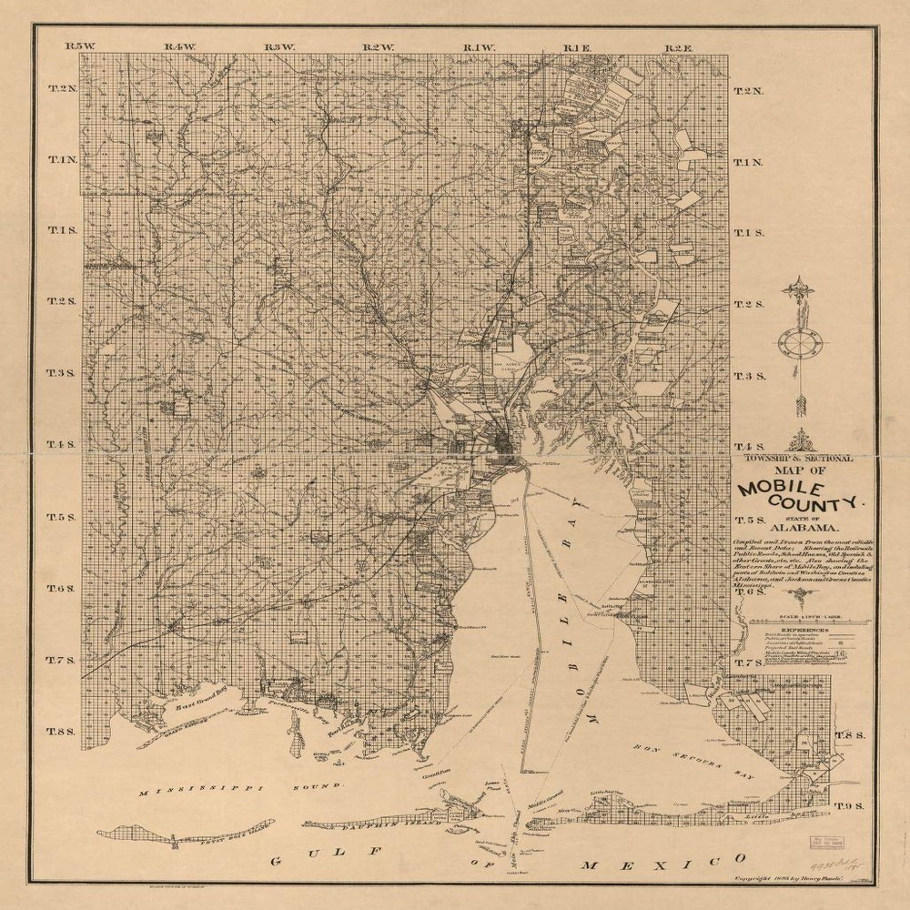 18" x 24" 1895 Township & Sectional Map Of Mobile County State Of Alabama Compiled & Drawn From The Most Reliable & Recent Data Showing The Railroads Public Roads School Houses Old Spanish & Other