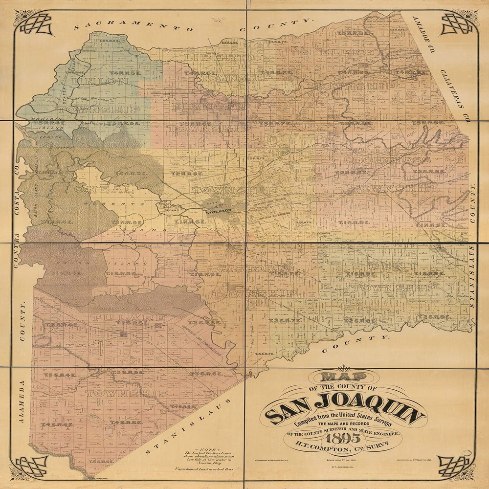 16" x 24" 1895 Map of The County of San Joaquin Compiled from The United States Surveys The Maps & Records of The County Surveyor & State Engineer