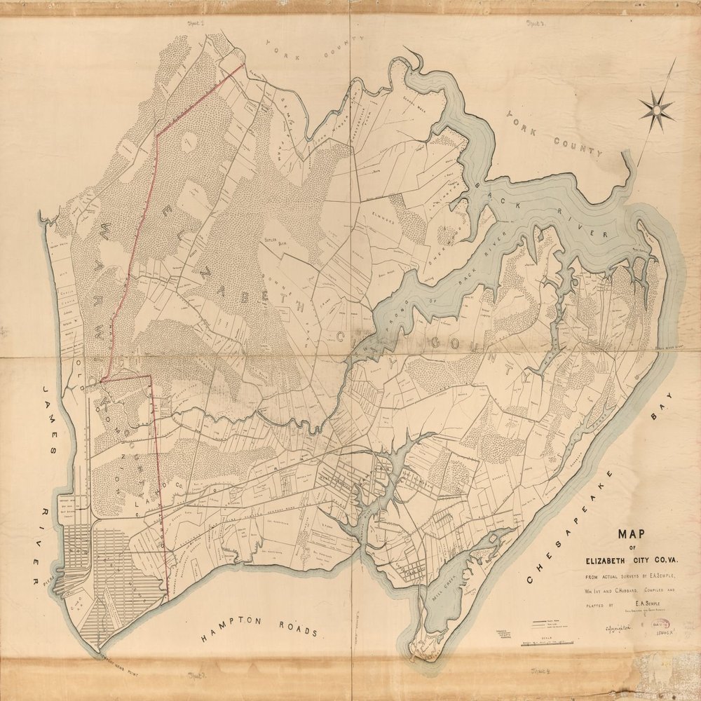 18" x 24" 1892 Map of Elizabeth City County Virginia from Actual Surveys by E.A Semple William Ivy & C. Hubbard