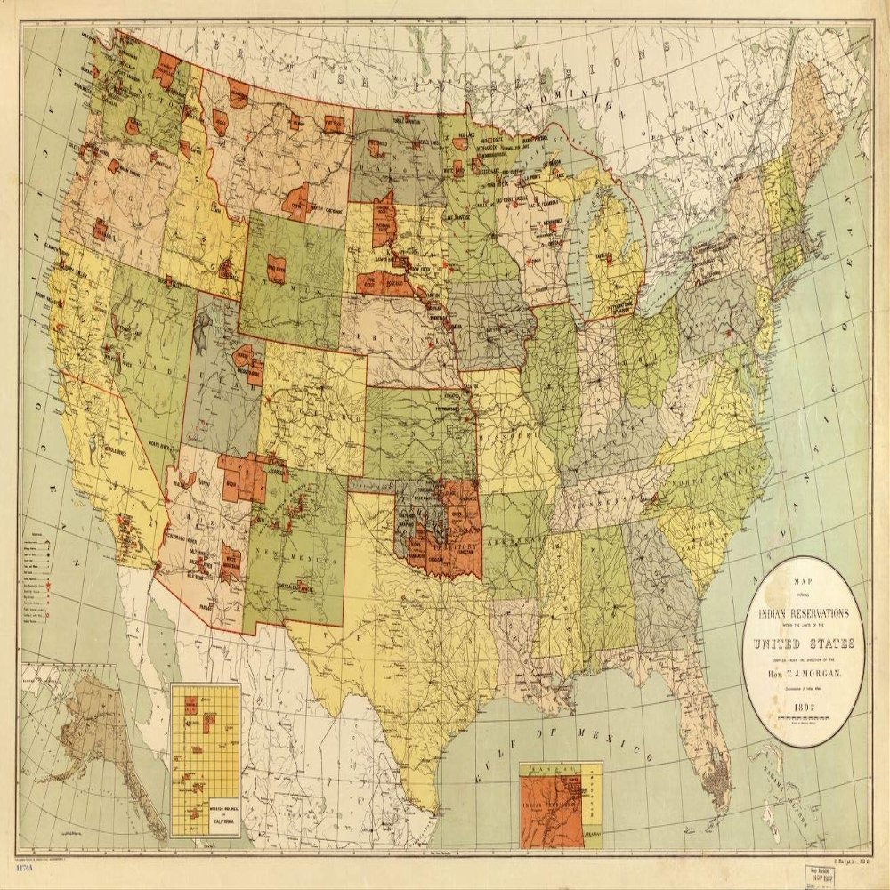 16" x 24" 1892 Map Showing Indian Reservations Within The Limits of The United States