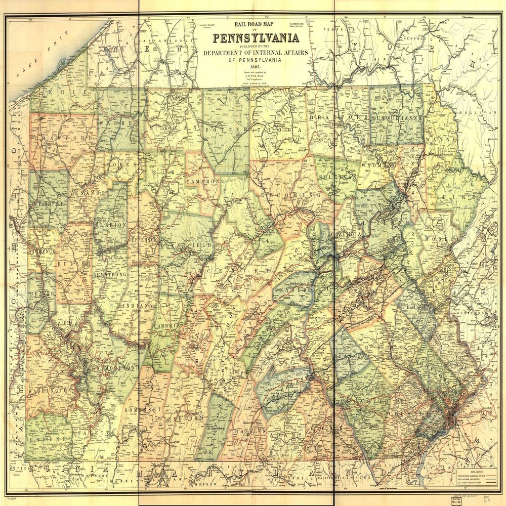 16" x 24" 1895 Railroad Map of Pennsylvania Published by The Department of Internal Affairs of Pennsylvania