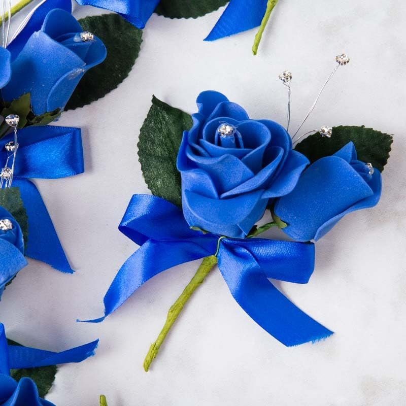 Factory Direct Craft Royal Blue Artificial Foam Rose Boutonniere Picks - Set of 12 Fake Rose Heads for Romantic Corsages, Napkin Rings or Placeholders (5 Inches Long)