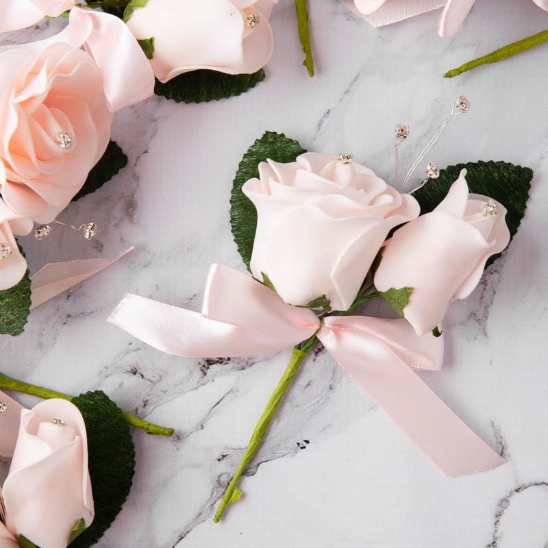 Factory Direct Craft Pink Artificial Foam Rose Boutonniere Picks - Set of 12 Fake Rose Heads for Romantic Corsages, Napkin Rings or Placeholders (5 Inches Long)