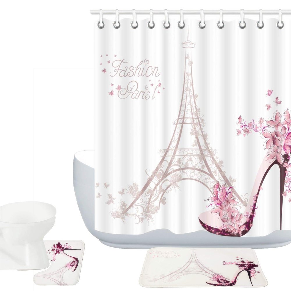 Amagical Paris Eiffel Tower Decor 3 Piece Bathroom Mat Rug Set Shower Curtainn Set High Heeled Shoes and Pink Flower in Paris Pattern Non Slip Bath Mat + Contour Mat + Shower Curtain + 12 Hooks