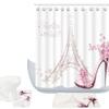 Amagical Paris Eiffel Tower Decor 3 Piece Bathroom Mat Rug Set Shower Curtainn Set High Heeled Shoes and Pink Flower in Paris Pattern Non Slip Bath Mat + Contour Mat + Shower Curtain + 12 Hooks view 1