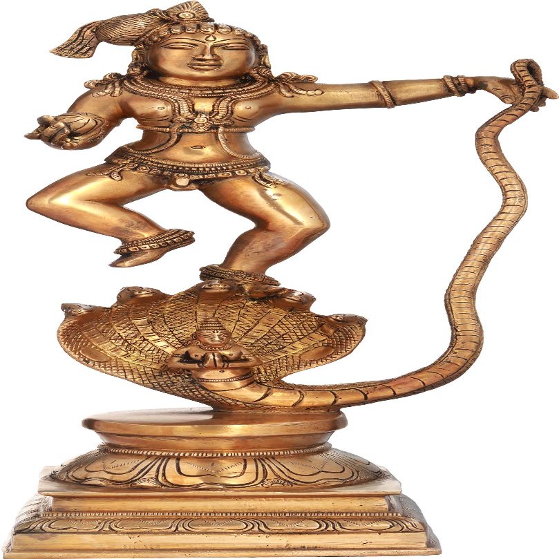 Exotic India Lord Krishna Vanquishes Kaliya - Brass Statue - Color Natural Brass Color