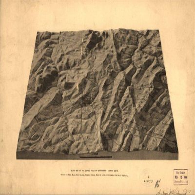 12" x 24" 1886 Relief Map of The Battle Field of Gettysburg Looking South Showing The Town Fields Farm Buildings Forests Streams Roads &Lanes As They were at The Time of The Battle