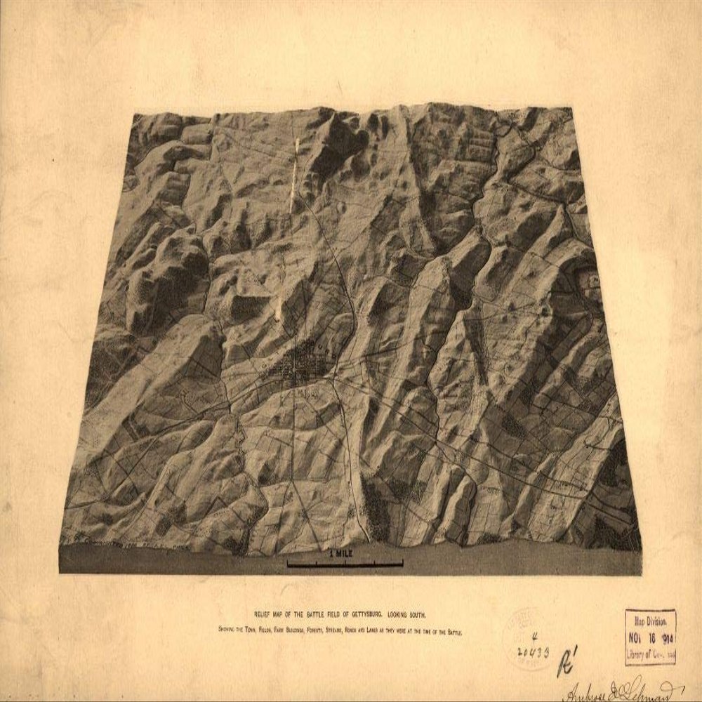 12" x 24" 1886 Relief Map of The Battle Field of Gettysburg Looking South Showing The Town Fields Farm Buildings Forests Streams Roads &Lanes As They were at The Time of The Battle