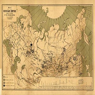 16" x 24" 1890 Map of The Russian Empire Showing The Regions of The Precious Metals