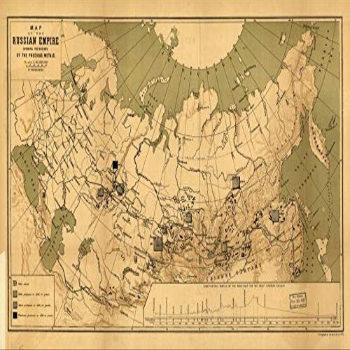 16" x 24" 1890 Map of The Russian Empire Showing The Regions of The Precious Metals