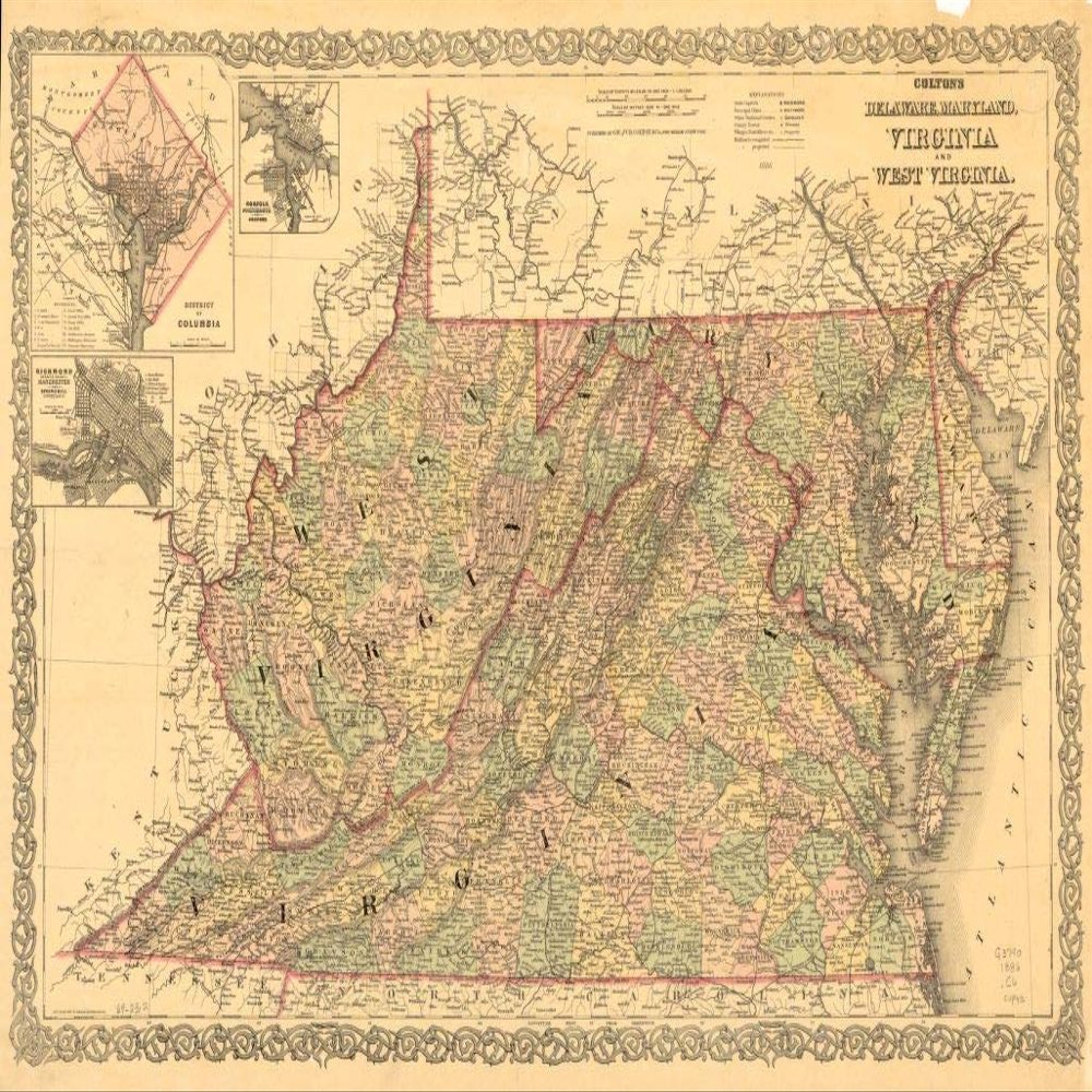 16" x 24" 1886 Map of Colton's Delaware Maryland Virginia & West Virginia