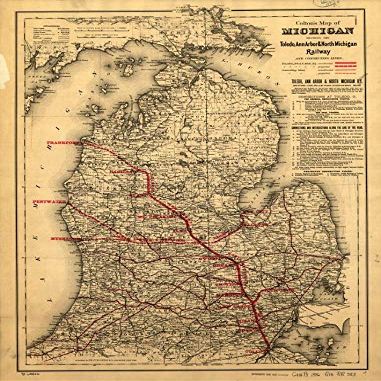 18" x 24" 1886 Map of Michigan Showing The Toledo Ann Arbor & North Michigan Railway & Connecting Lines