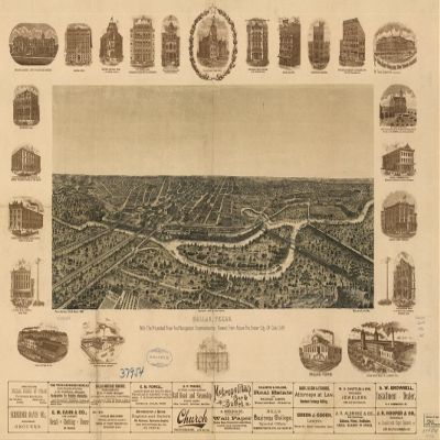 16" x 24" 1892 Map of Dallas Texas with The Projected River & Navigation Improvements Viewed from Above The Sister City of Oak Cliff